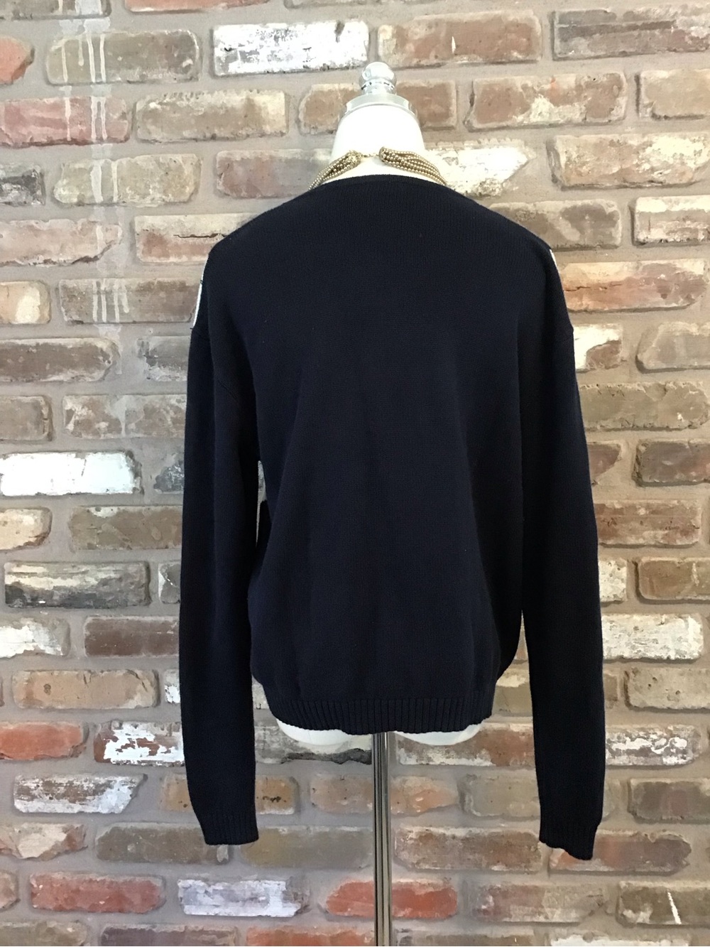 JOHN GALT Women's Navy Blue & Cream Argyle V-Neck Cardigan Sweater L - Picture 4 of 6